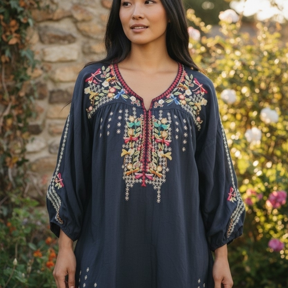 Johnny Was Dragonfly Embroidered Navy Boho Tunic Sz 6